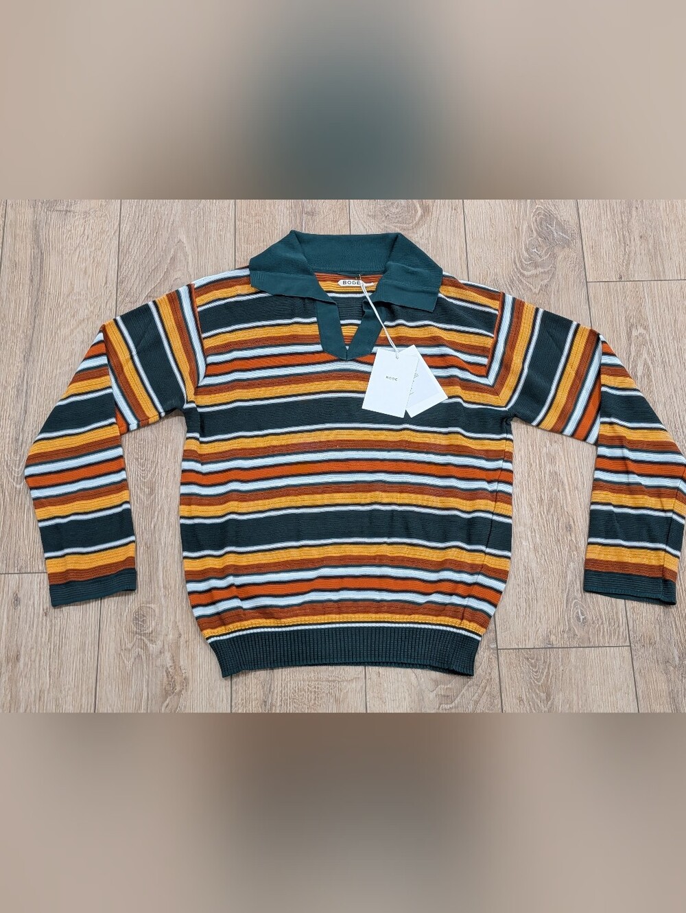 $990 Mens BODE Boxy Johnny Collar Parakeet Striped LS Polo Shirt Multi Small